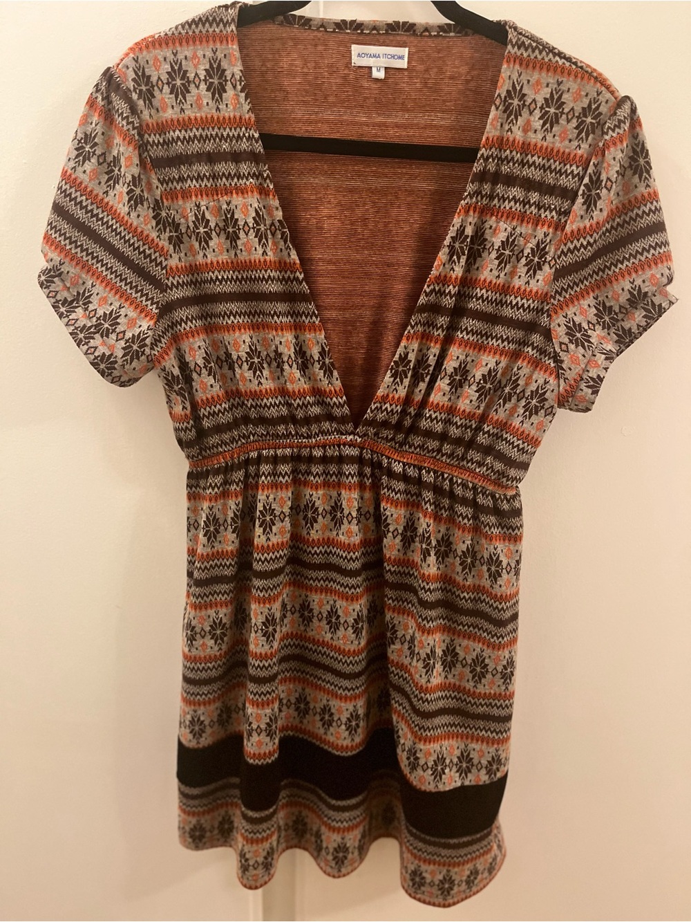 Aoyama Itchome Fair Isle Deep V Short Sleeve Mini Dress in Rust Brown Orange-M
